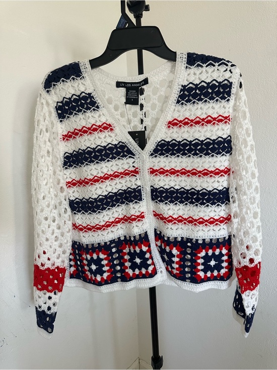 Liv Los Angeles Sweaters - Luv Los Angeles Women's White Navy Red Crochet Cardigan Sweater